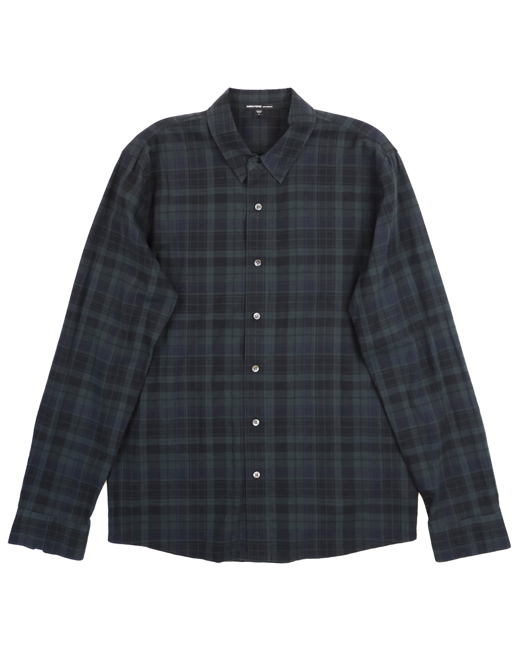 Plaid shirt on a white background. James Perse dark navy and forest green plaid long-sleeve shirt; soft brushed cotton with a classic button front and structured collar; minimalist design with refined stitching and tailored silhouette; casual yet polished look reflecting the brand’s California luxury craftsmanship and effortless everyday sophistication.