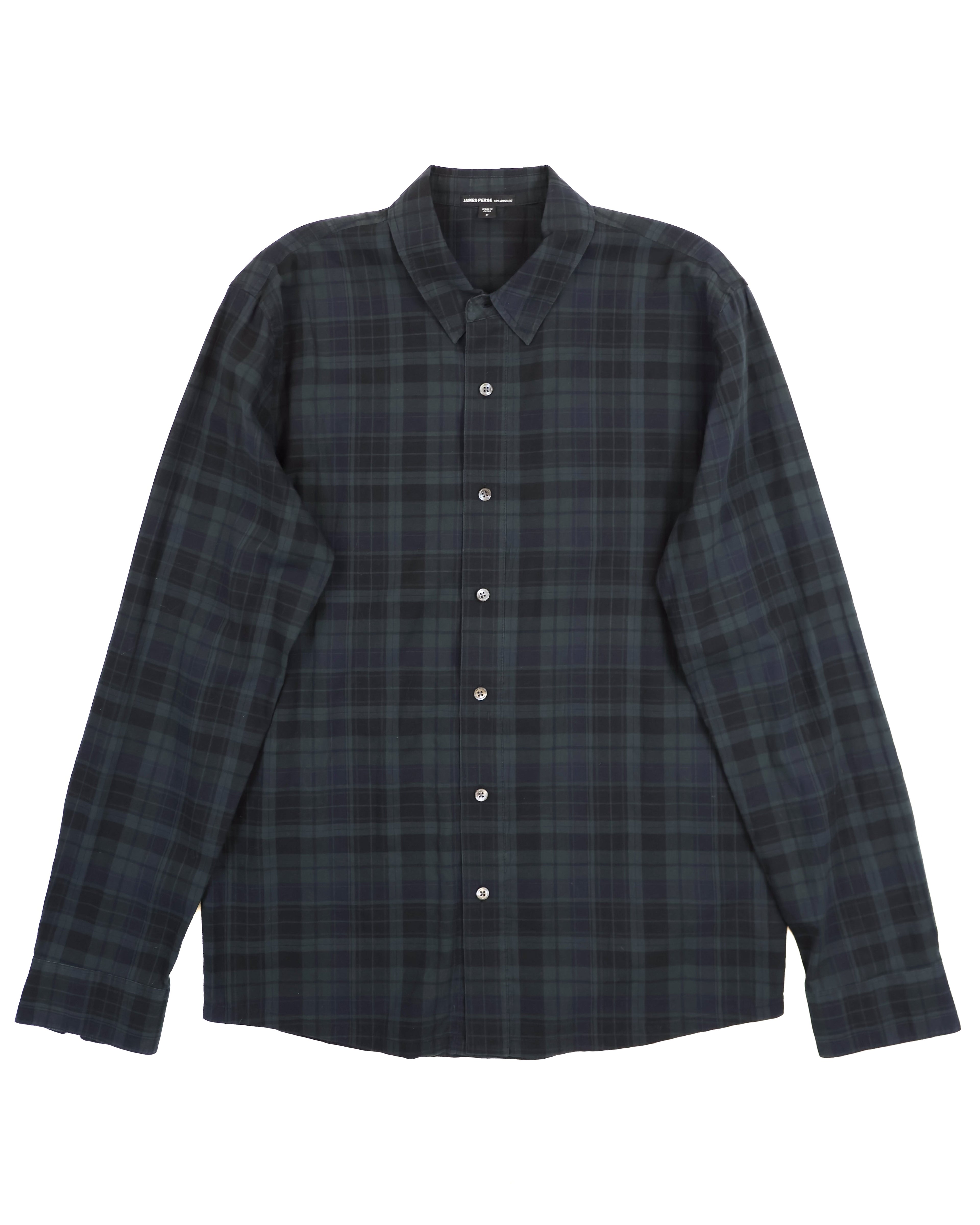 Plaid shirt on a white background. James Perse dark navy and forest green plaid long-sleeve shirt; soft brushed cotton with a classic button front and structured collar; minimalist design with refined stitching and tailored silhouette; casual yet polished look reflecting the brand’s California luxury craftsmanship and effortless everyday sophistication.