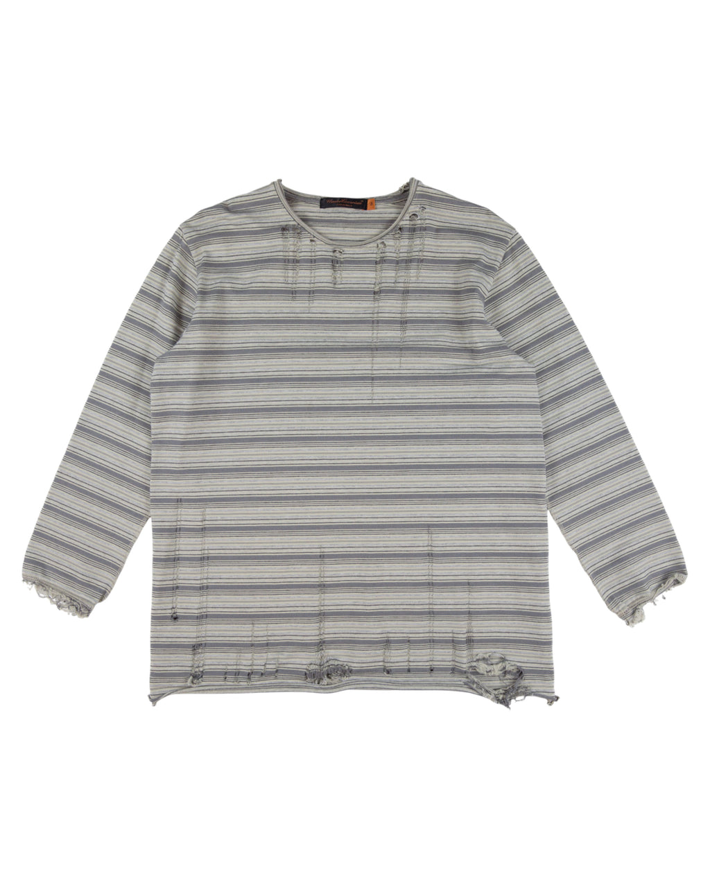 Striped long-sleeve shirt on a white background. Undercover grey/ash striped cotton long-sleeve tee / T-shirt / top; distressed and deconstructed with moth holes, laddered runs, shredded hem and raw cuffs; relaxed unisex fit; easy with denim, cargos, tailoring; style tags: punk, grunge, streetwear, avant-garde, minimal; brand context: Japanese cult label by Jun Takahashi, Tokyo artisanal design.