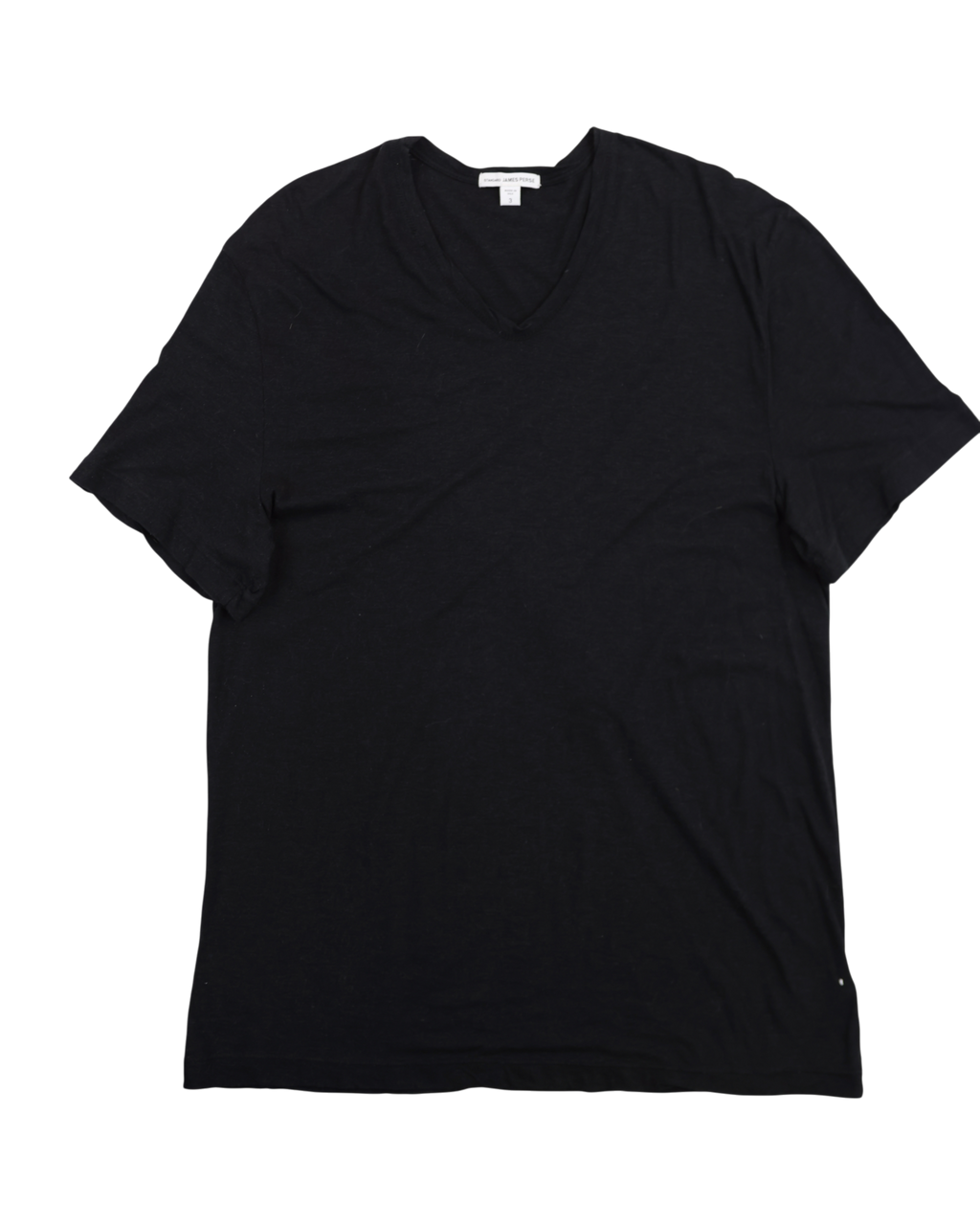 Black t-shirt on a white background. James Perse faded black short-sleeve V-neck T-shirt; soft washed cotton jersey with relaxed fit and lightweight texture; minimalist California design emphasizing premium comfort and effortless luxury; versatile everyday staple with subtle worn-in finish and timeless modern appeal.