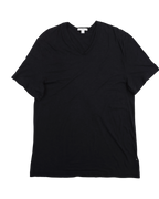 Black t-shirt on a white background. James Perse faded black short-sleeve V-neck T-shirt; soft washed cotton jersey with relaxed fit and lightweight texture; minimalist California design emphasizing premium comfort and effortless luxury; versatile everyday staple with subtle worn-in finish and timeless modern appeal.
