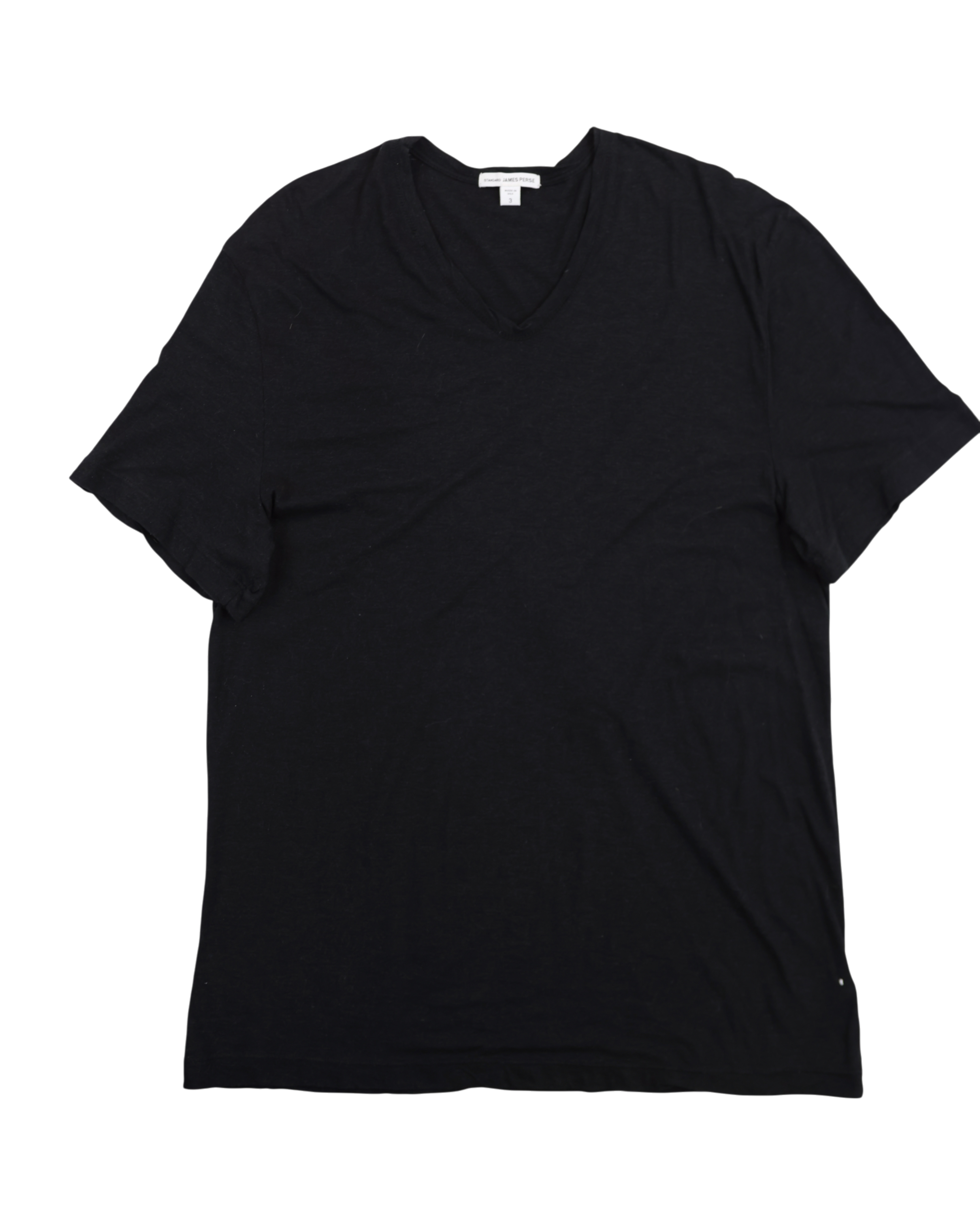 Black t-shirt on a white background. James Perse faded black short-sleeve V-neck T-shirt; soft washed cotton jersey with relaxed fit and lightweight texture; minimalist California design emphasizing premium comfort and effortless luxury; versatile everyday staple with subtle worn-in finish and timeless modern appeal.