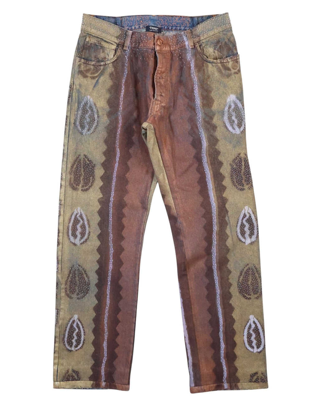 A pair of jeans with a geometric and leaf pattern and pearl beading design. Vintage straight-leg jeans in earthy olive and rust with vertical panel stripes and teardrop/paisley motifs, dotted with pearl-like beading. Classic denim waistband with belt loops and front fly; designer, rare statement pair.