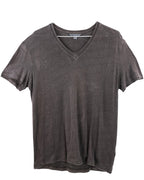 Gray t-shirt on a white background. John Varvatos washed charcoal V-neck T-shirt; soft slub jersey with a vintage fade, short sleeves, raw-edge neckline and sleeves, relaxed fit—easy rock-inspired basic. Essential John Varvatos V-neck tee in washed charcoal. Crafted from ultra-soft slub cotton with a lived-in fade and subtle raw edges for that signature JV rock vibe. Effortless with jeans or under a leather jacket. Shop now!