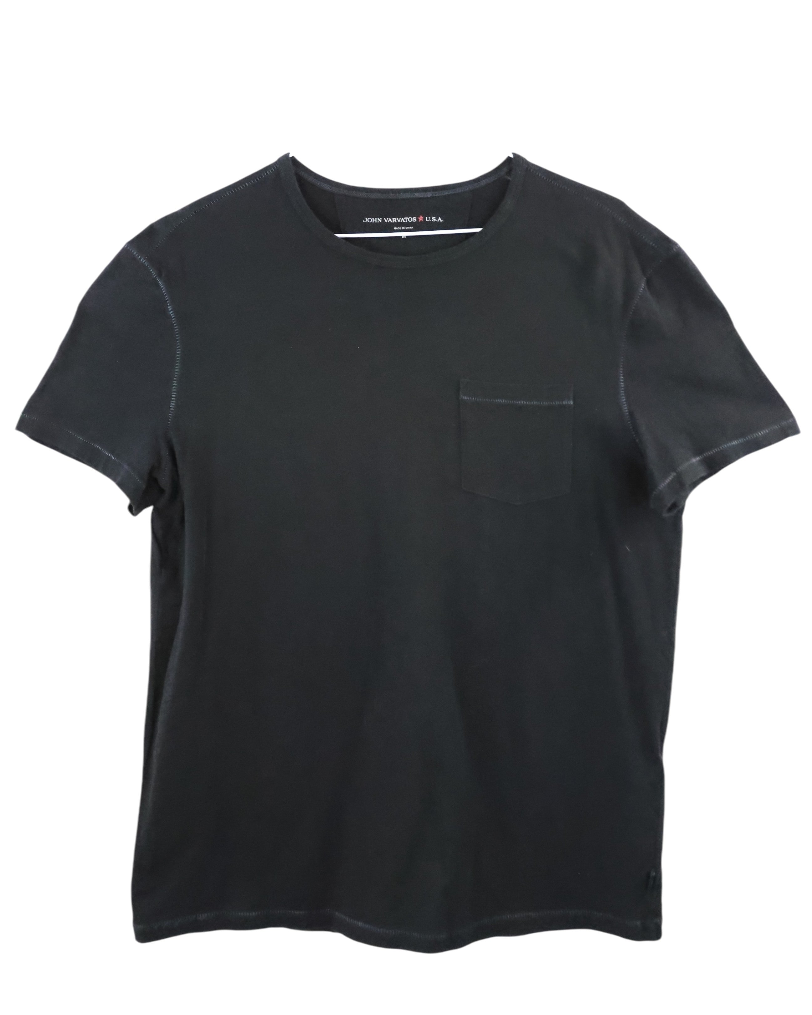John Varvatos black cotton crewneck T-shirt; soft washed jersey with tonal stitching and single chest pocket; minimalist cut, relaxed fit; versatile vintage-inspired tee blending casual luxury and rock-infused American craftsmanship; timeless wardrobe essential for layering or solo wear.