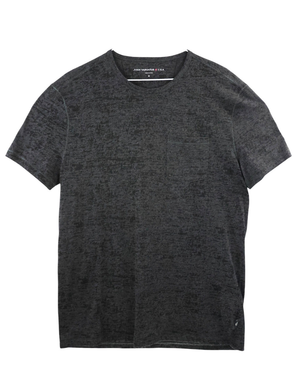 John Varvatos charcoal grey burnout crewneck T-shirt; semi-sheer textured cotton blend with a lived-in vintage wash and small chest pocket; relaxed silhouette with refined stitching and soft drape; artisanal American craftsmanship blending rock-inspired edge and minimalist luxury casualwear.