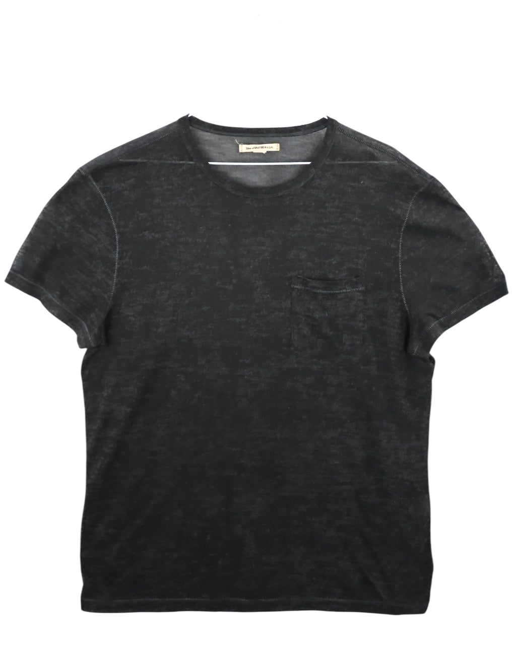Black t-shirt on a white background. John Varvatos faded black burnout crewneck T-shirt; lightweight semi-sheer cotton blend with mottled texture and tonal chest pocket; soft worn-in finish with minimalist stitching; relaxed vintage silhouette embodying casual luxury and refined American rock-inspired craftsmanship.
