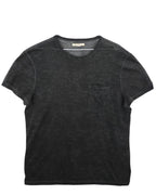Black t-shirt on a white background. John Varvatos faded black burnout crewneck T-shirt; lightweight semi-sheer cotton blend with mottled texture and tonal chest pocket; soft worn-in finish with minimalist stitching; relaxed vintage silhouette embodying casual luxury and refined American rock-inspired craftsmanship.