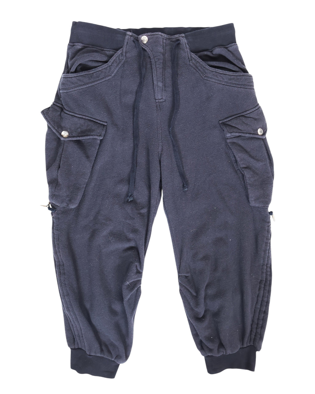 Vintage 14th Addiction dark charcoal sweatpants/joggers in soft knit with cargo flap pockets and snap studs, drawstring waist, zip accents, and tapered legs with ribbed cuffs; luxe streetwear, unique piece laid flat on white.