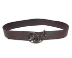Roberto Cavalli brown/chocolate chestnut leather belt; wide genuine cowhide strap with smooth grain; ornate snake/serpent buckle in antique gold–bronze tone with coiled, swirling filigree detail and textured scales; engraved metal hardware, statement designer waist/hip belt; Italian luxury house from Florence known for animal motifs and bold, glamorous style; artisan-quality piece, unisex, perfect for jeans, trousers, dresses, tailoring, western/rock/boho/Y2K looks; premium, rare vintage-style accessory