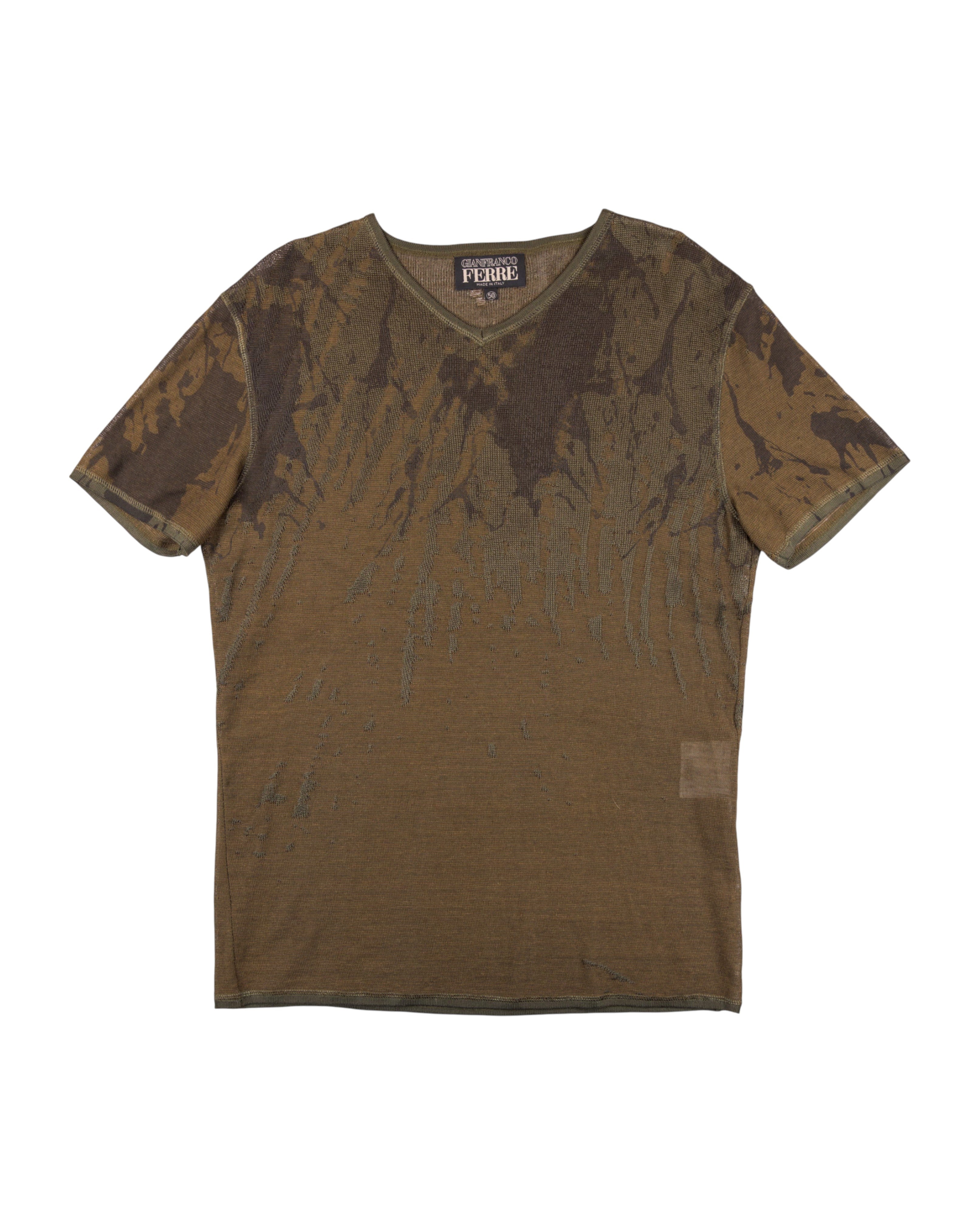 Brown t-shirt with camouflage pattern on a white background. Gianfranco Ferré brown short-sleeve V-neck T-shirt featuring an abstract tonal pattern reminiscent of organic textures; crafted from lightweight cotton blend with a slim tailored fit; embodies Ferré’s signature fusion of artistic design and Italian architectural precision.