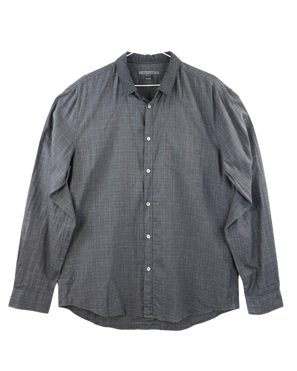 Gray checkered shirt on a white background. Vintage high-end John Varvatos grey button-up shirt; long-sleeve dress shirt/overshirt in slate/charcoal micro-check (small plaid) pattern, classic spread collar, single chest pocket, white buttons, curved hem, relaxed/classic fit—second-hand, rare designer piece.