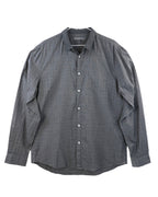 Gray checkered shirt on a white background. Vintage high-end John Varvatos grey button-up shirt; long-sleeve dress shirt/overshirt in slate/charcoal micro-check (small plaid) pattern, classic spread collar, single chest pocket, white buttons, curved hem, relaxed/classic fit—second-hand, rare designer piece.