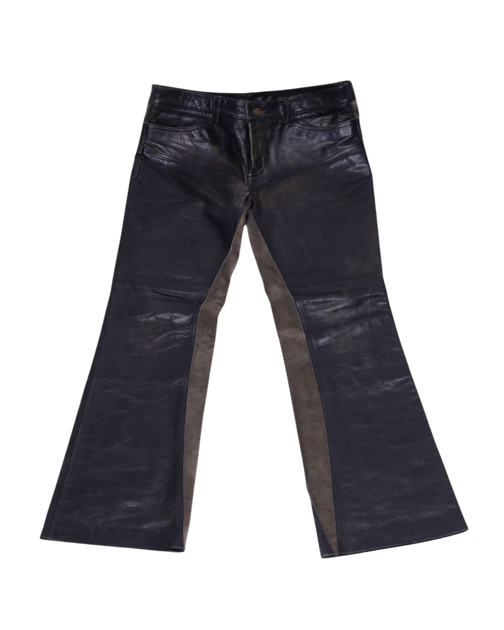 A pair of Roberto Cavalli leather pants with a solid pattern, featuring a blend of dark hues and metallic elements. Two-tone black and dark taupe leather pants with flared legs and inset contrast panels; jean-style waistband with belt loops, fly and small ankle slits. Vintage designer pair, rare and unique.