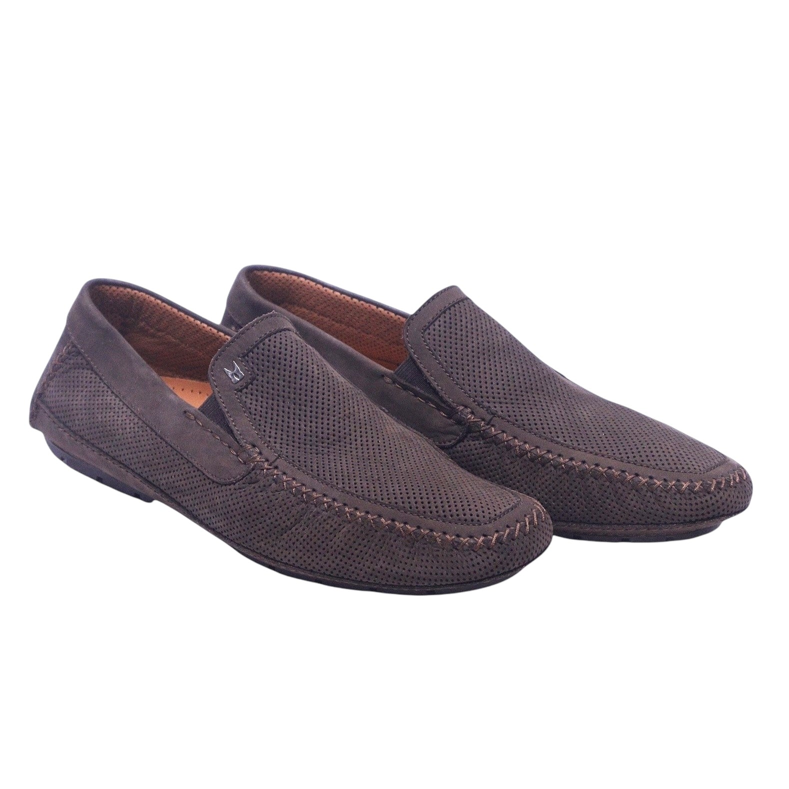 A pair of brown leather slip-on shoes for men. Moreschi brown perforated leather loafers — men’s slip-on driving shoes / moccasins, breathable micro-perf upper, hand-stitched moc toe, cushioned insole, rubber sole, Italian luxury casual shoes.