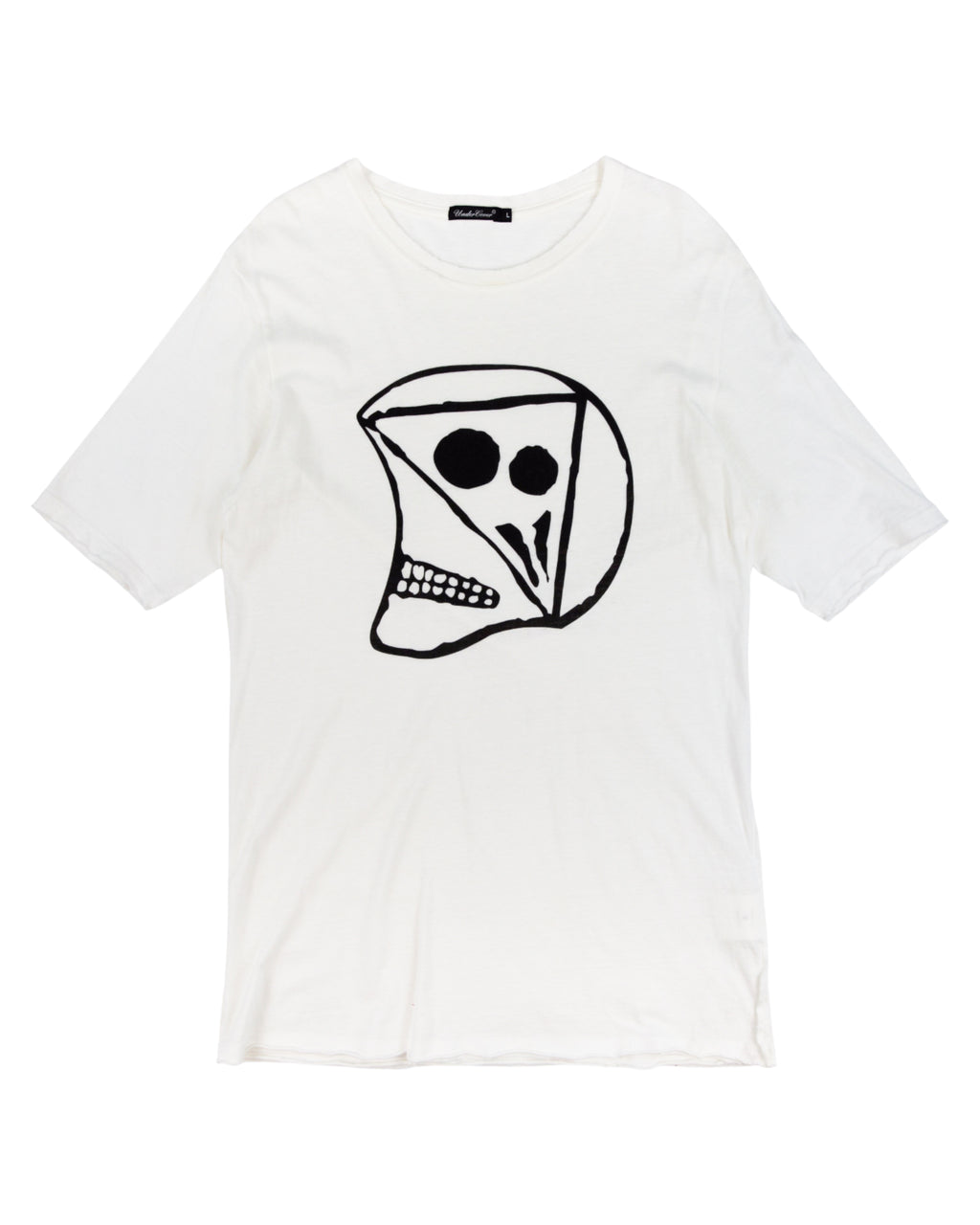 White t-shirt with a black graphic design on a white background. Undercover white/ivory cotton jersey T-shirt; bold black abstract skull/face graphic print, crewneck, short sleeves, slight distressing at hem; relaxed unisex fit; easy with denim, cargos or layered tailoring; style tags: punk, grunge, streetwear, graphic, avant-garde; brand context: Japanese cult label by Jun Takahashi, artisanal/luxury design.