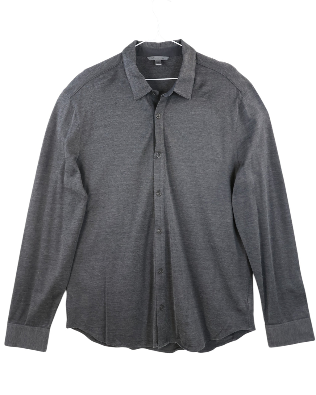 Gray button-up shirt on a white background. Vintage high-end John Varvatos dark grey button-up shirt; long-sleeve jersey-knit/heather charcoal dress shirt/overshirt with spread collar, tonal buttons, curved hem, relaxed/classic fit—second-hand, rare designer piece.