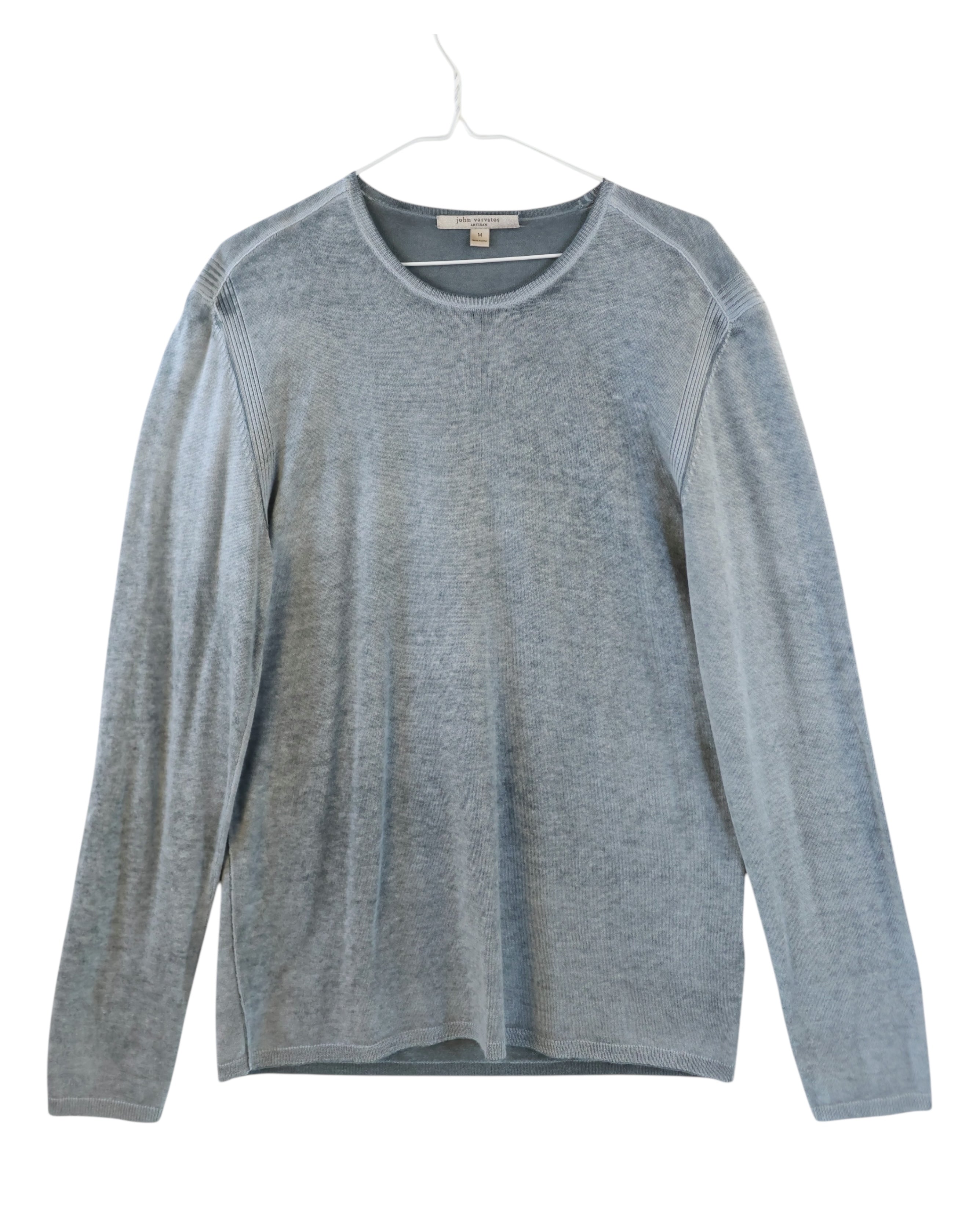 John Varvatos light grey/ light blue heather long-sleeve sweater; soft lightweight knit with garment-washed, velvety finish; crew neck, rib-channeled shoulders, clean hems; relaxed modern fit, unisex; perfect for denim, leather jackets, smart-casual layering; style tags: rock, minimalist, casual luxe; brand context: American designer label known for rock-inspired craftsmanship.
