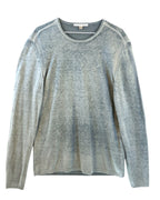 Gray sweater on a white background.  John Varvatos light grey/ice grey heather long-sleeve sweater; soft lightweight knit with garment-washed, velvety finish; crew neck, rib-channeled shoulders, clean hems; relaxed modern fit, unisex; perfect for denim, leather jackets, smart-casual layering; style tags: rock, minimalist, casual luxe; brand context: American designer label known for rock-inspired craftsmanship.