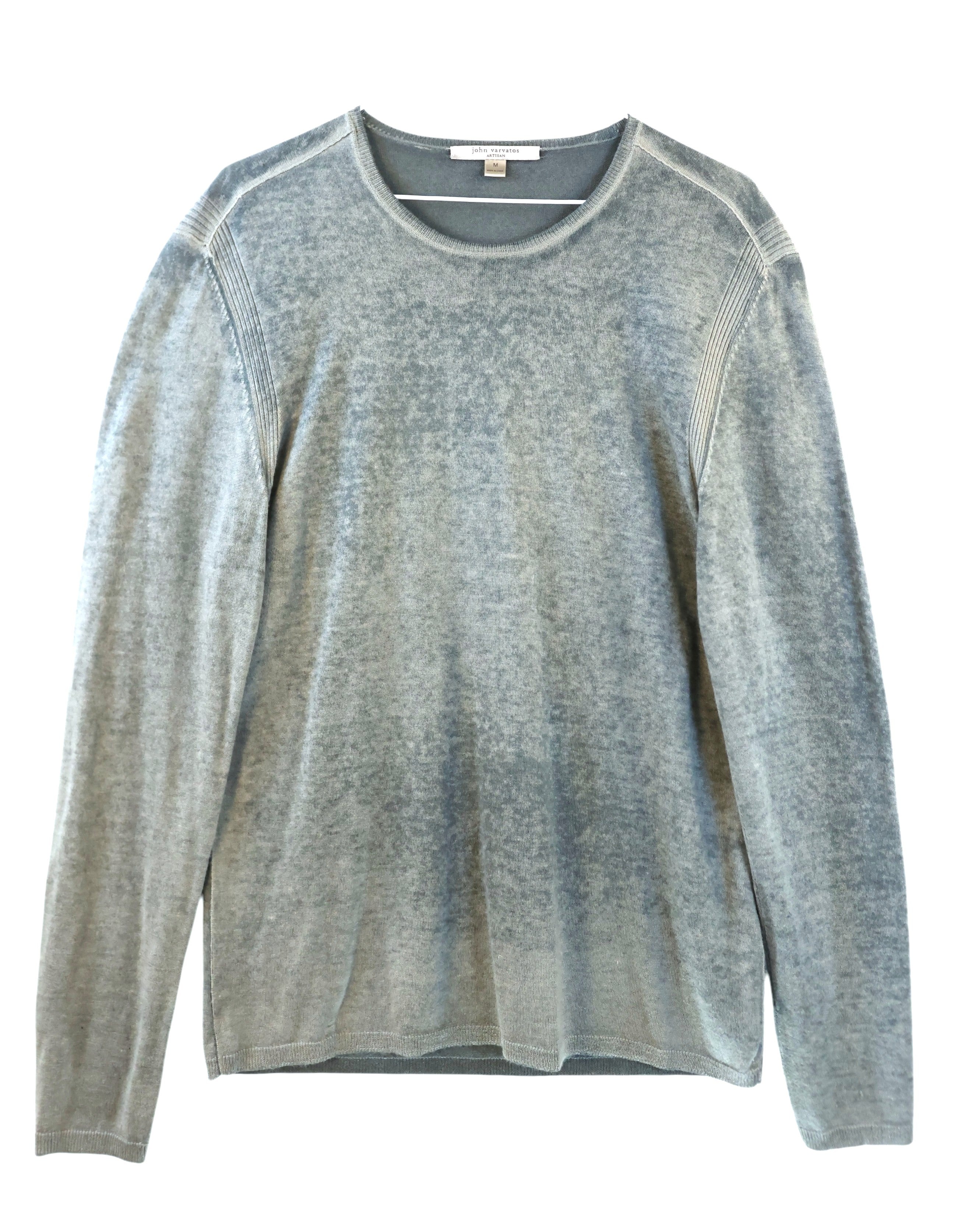 Gray sweater on a white background.  John Varvatos light grey/ice grey heather long-sleeve sweater; soft lightweight knit with garment-washed, velvety finish; crew neck, rib-channeled shoulders, clean hems; relaxed modern fit, unisex; perfect for denim, leather jackets, smart-casual layering; style tags: rock, minimalist, casual luxe; brand context: American designer label known for rock-inspired craftsmanship.