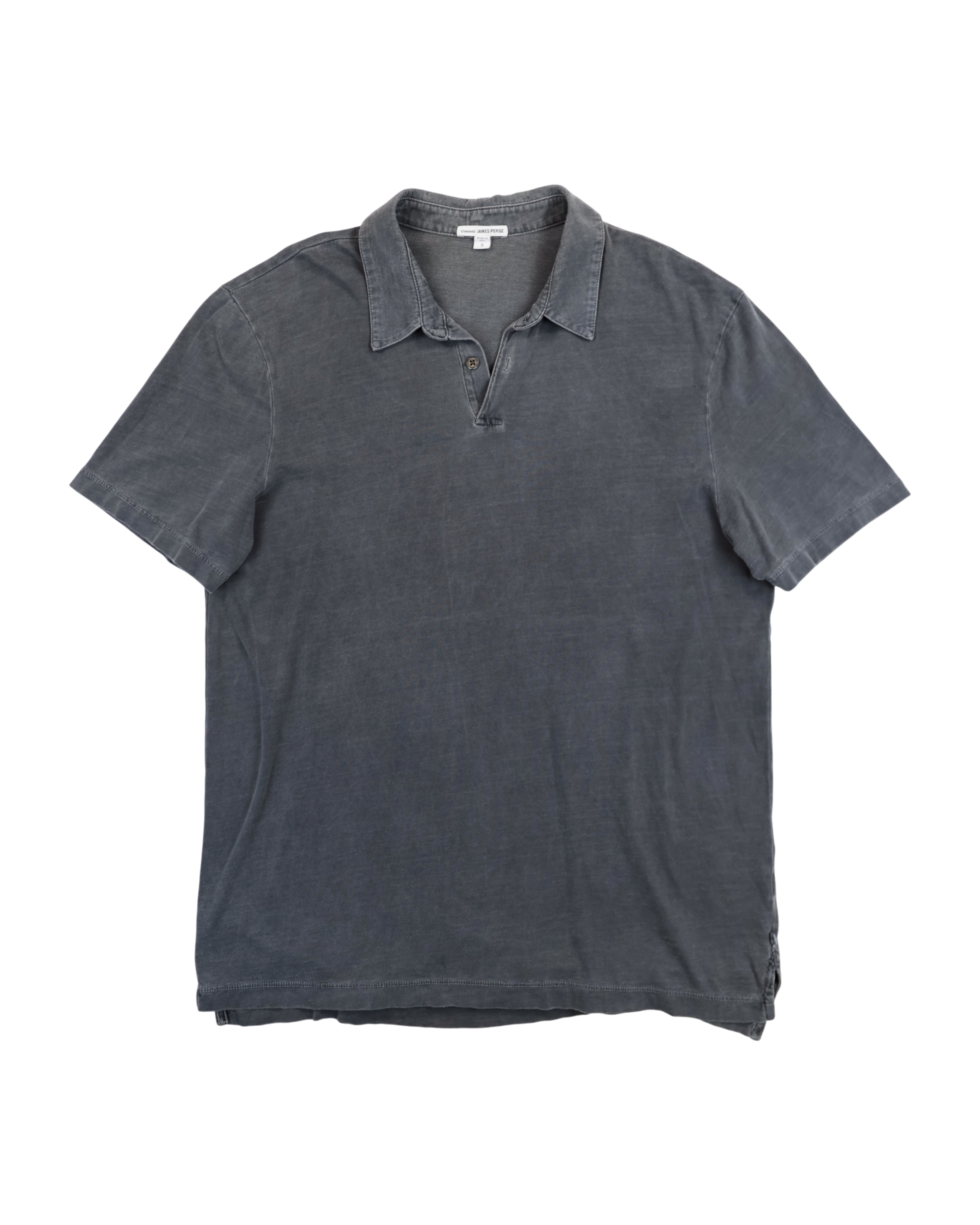 Gray polo shirt on a white background. James Perse washed charcoal grey short-sleeve polo shirt; soft garment-dyed cotton jersey with open collar and partial button placket; slightly distressed edges and relaxed fit evoke effortless California minimalism; premium quality piece blending casual refinement and understated luxury craftsmanship.