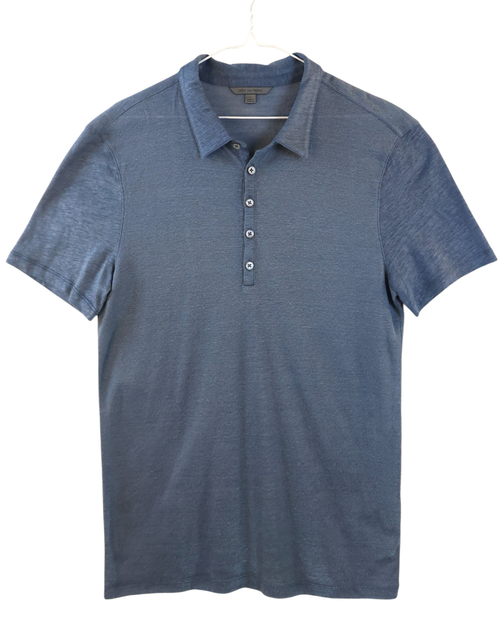 Vintage high-end John Varvatos blue short-sleeve polo shirt; heathered indigo/slate knit, soft jersey, 4-button placket, classic polo collar, refined casual designer top—second-hand and unique.