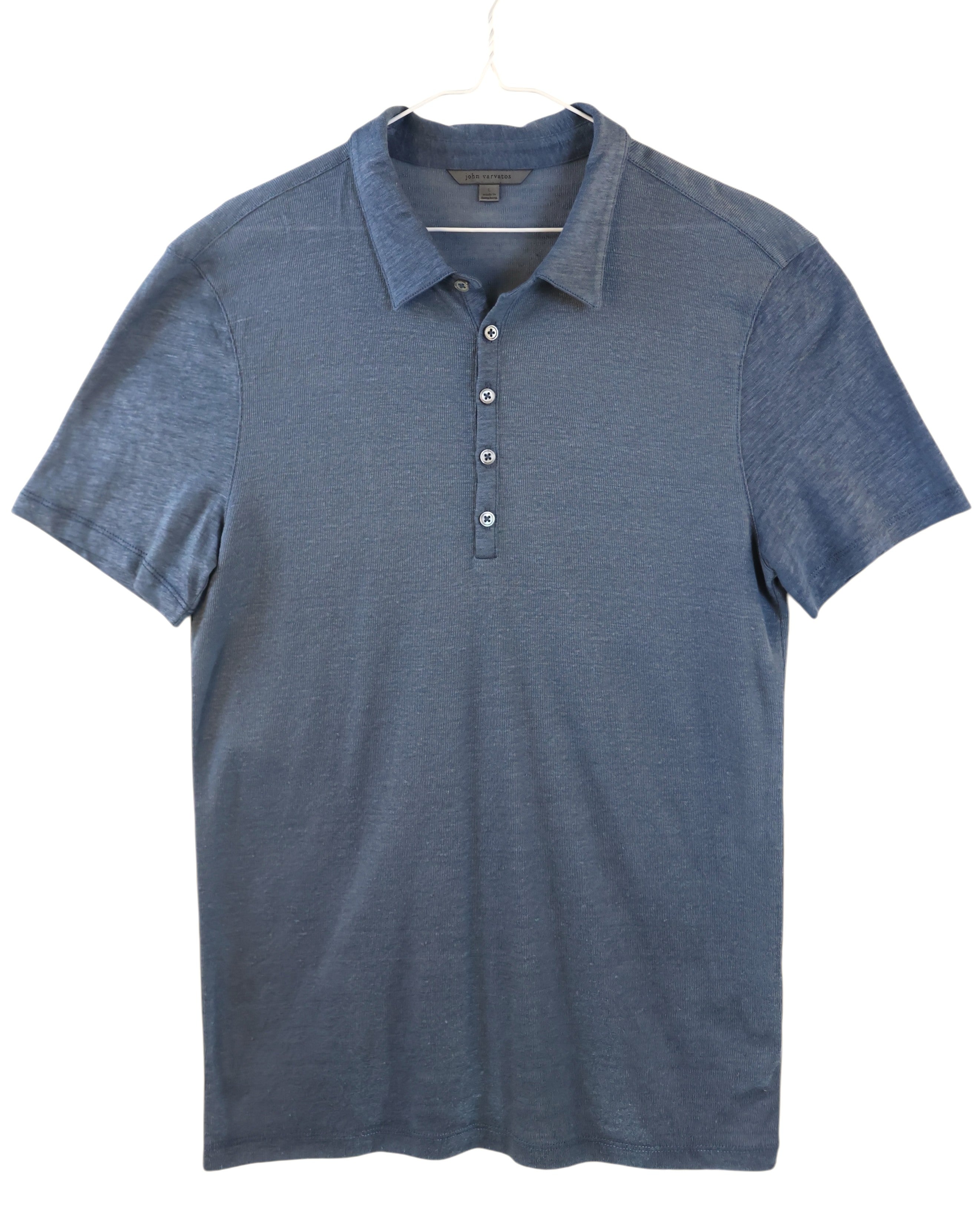 Vintage high-end John Varvatos blue short-sleeve polo shirt; heathered indigo/slate knit, soft jersey, 4-button placket, classic polo collar, refined casual designer top—second-hand and unique.