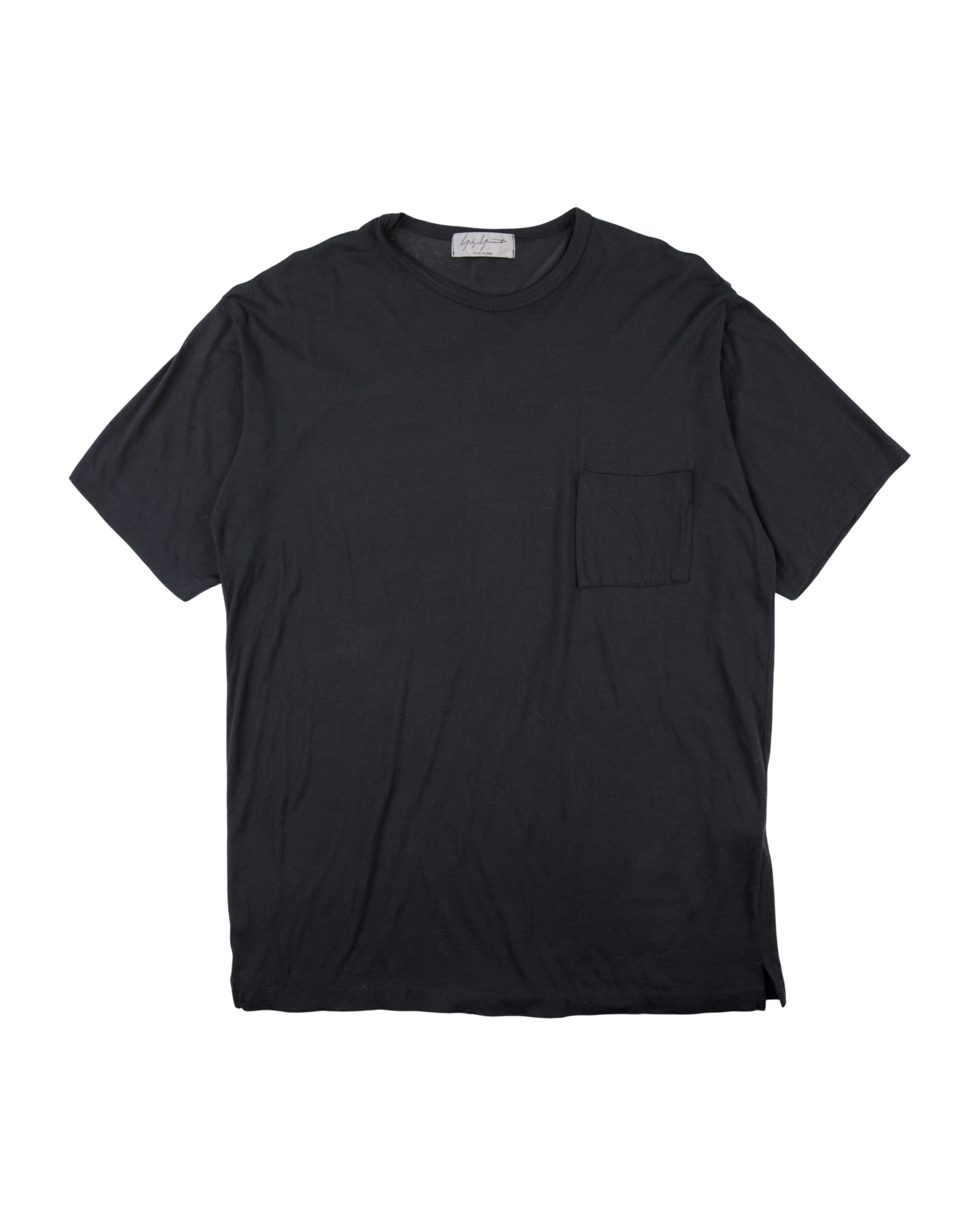 Black t-shirt with a pocket on a white background. Yohji Yamamoto black short-sleeve T-shirt; crafted from soft premium cotton with minimalist chest pocket; relaxed silhouette and refined neckline showcasing signature Japanese avant-garde simplicity and understated tailoring; a timeless essential blending effortless comfort with high-fashion minimalism.
