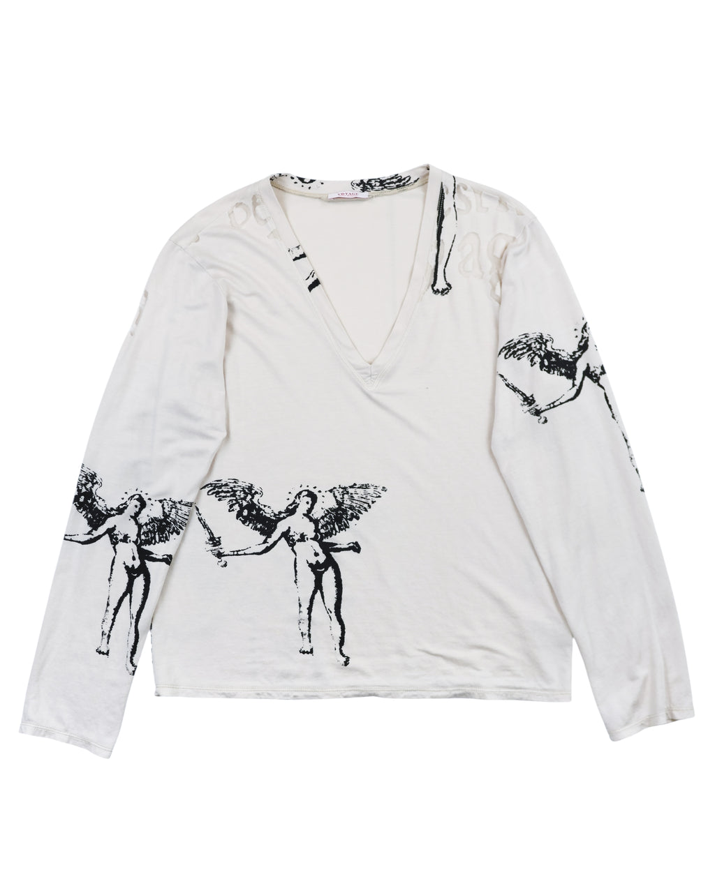 Voyage Passion white/ivory cotton long-sleeve V-neck T-shirt/top; deep scoop V, soft jersey; black Renaissance cherub/angel graphics printed front & sleeves; relaxed easy fit, unisex; great with jeans, leather, tailoring, streetwear layers; tags: archival, Y2K, indie-sleaze, romantic goth, artsy; Voyage (Europe, Mazzilli & Michielsens) small-batch studio production, collectible.
